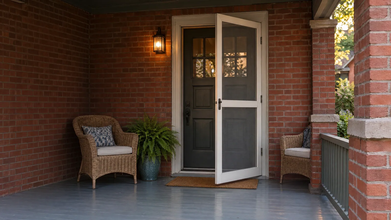 Painted wood screen door on the covered porch of a 1920s brick house, wicker chairs beside it at summer dusk